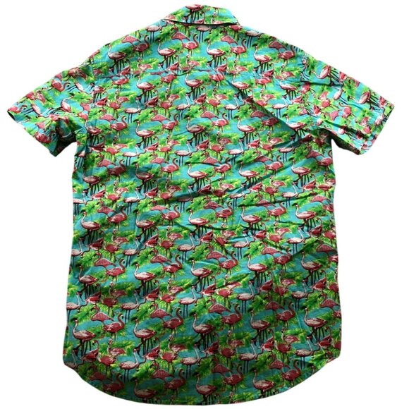 Huntington Beach Club Mens Hawaiian Shirt Large Short Sleeve Green Flamingo - Picture 2 of 11